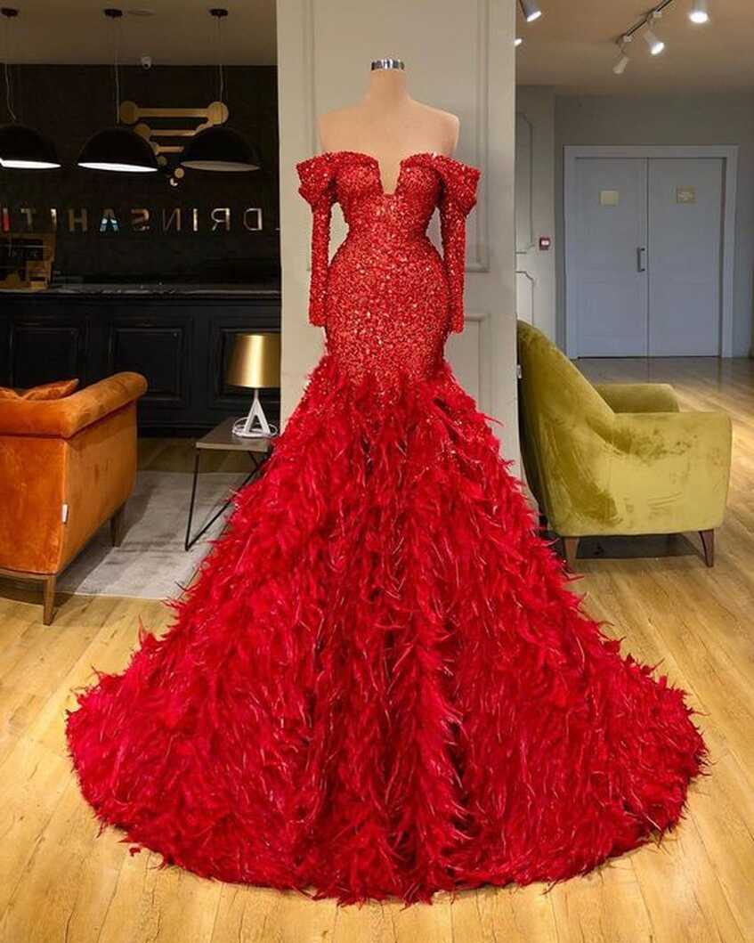 Red Evening Dress, 2023 Evening Dress, Feather Evening Dresses ...