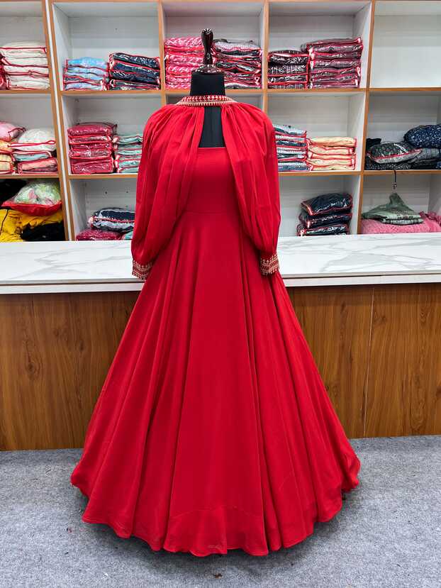 Red Faux Georgette Fancy Sleeves Gown - Clothsvilla