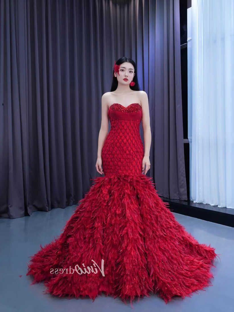 Red Feather Mermaid Wedding Dresses Strapless Pageant Dress 222198 ...