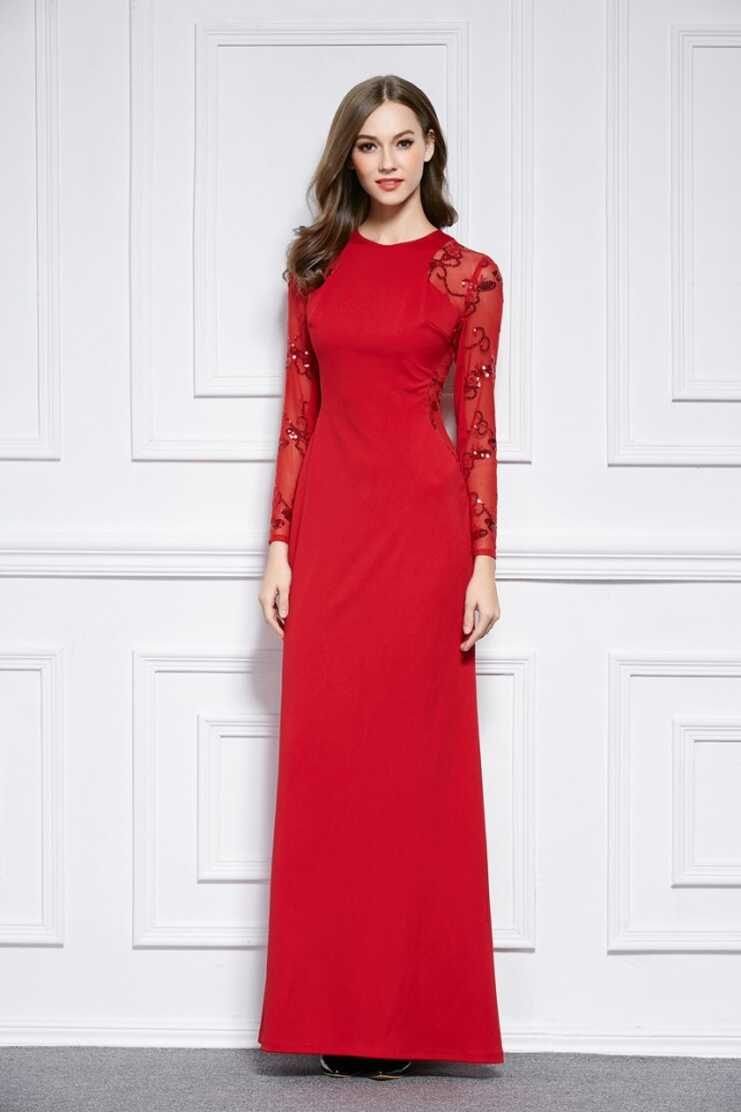 Red Floor Length Long Sleeve Evening Dress Prom Gown ...