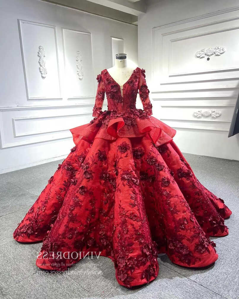 Red Floral Princess Dress Wedding Ball Gown 66878 Long Sleeve ...