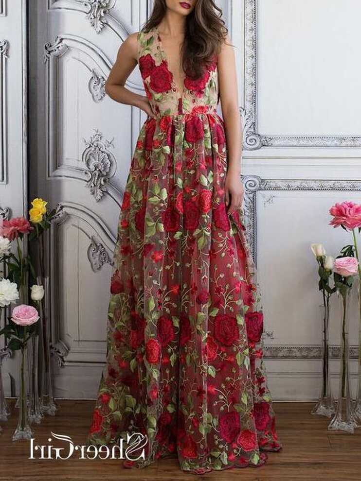 Red Floral Prom Dresses Embroidery See Through Elegant Formal ...