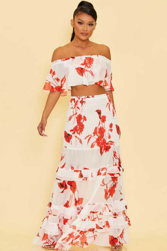 Red Floral Two Piece Skirt Set – Alfredo Barraza Boutique