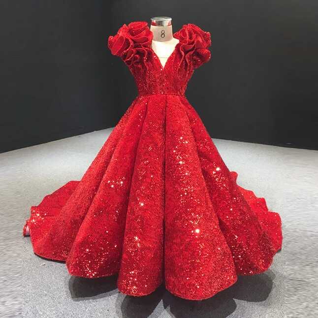 Red Flower Girl Dresses For Weddings Ball Gown V-neck Cap Sleeves ...