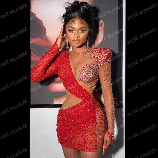 Red Glitter Luxury Rhinestone Party Dress With Long Sleeves ...