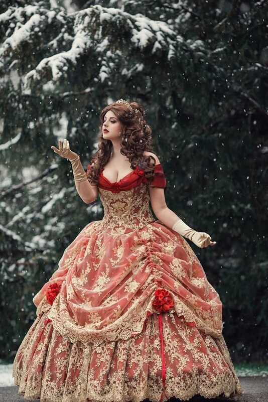 Red/Gold Upscale Fantasy Belle Gown with Flowers