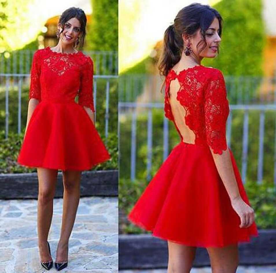 Red Half Sleeves A-line Homecoming Dress Backless Lace Short Prom ...