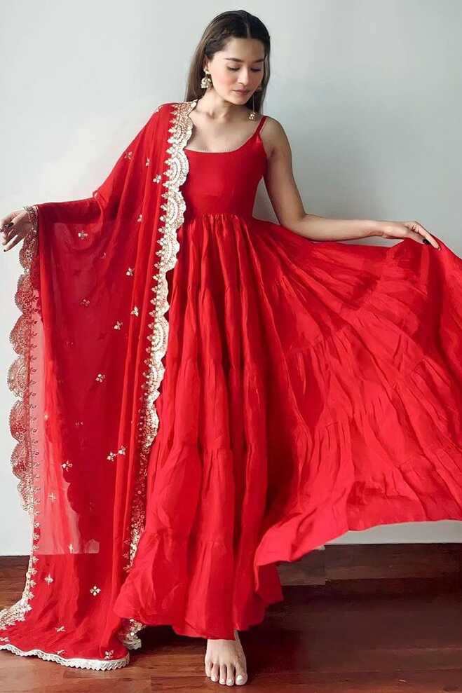 Red Heavy Georgette Sleeveless Ruffle Gown