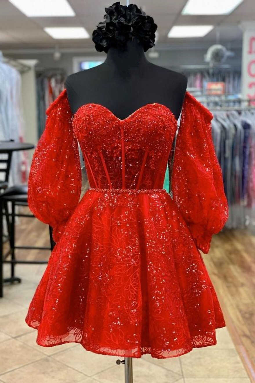 Red Homecoming Dress 2023 Off the Shoulder Sequin with Long ...