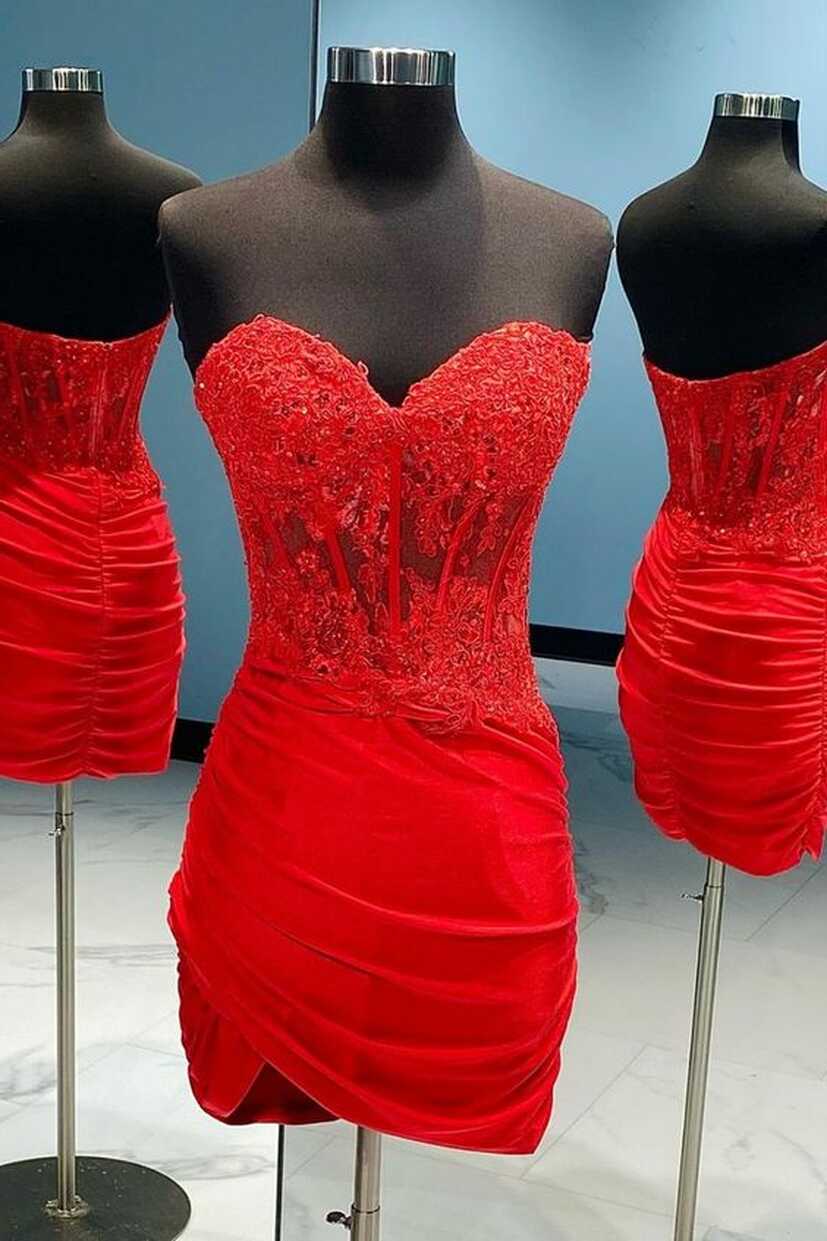 Red Homecoming Dress 2023 Short Tight Strapless Appliques Ruched ...