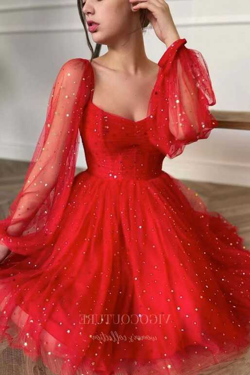 Red Homecoming Dress Long Sleeve Hoco Dress hc004 – vigocouture