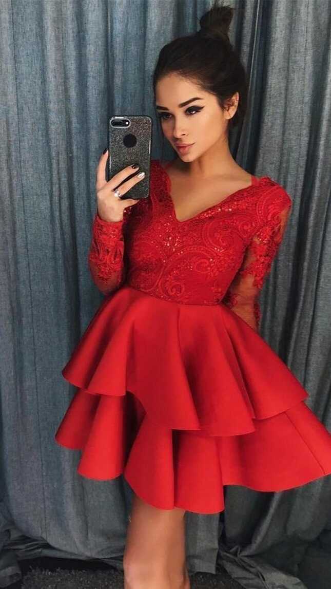 Red Homecoming Dress Long Sleeves, Short Prom Dress, Graduation ...