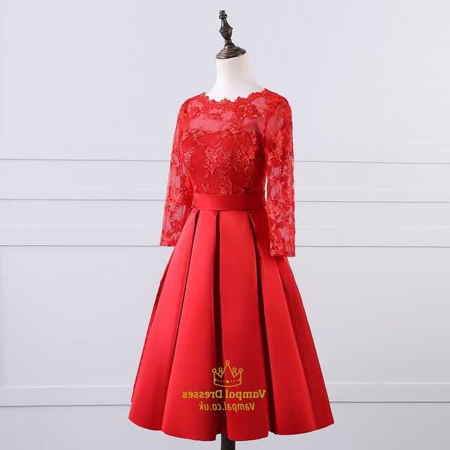 Red Illusion Lace Bodice Long Sleeve Knee Length Homecoming Dress