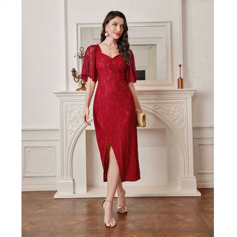 Red Lace Abaya Party Dress Women Short Sleeve Formal Prom Gown ...