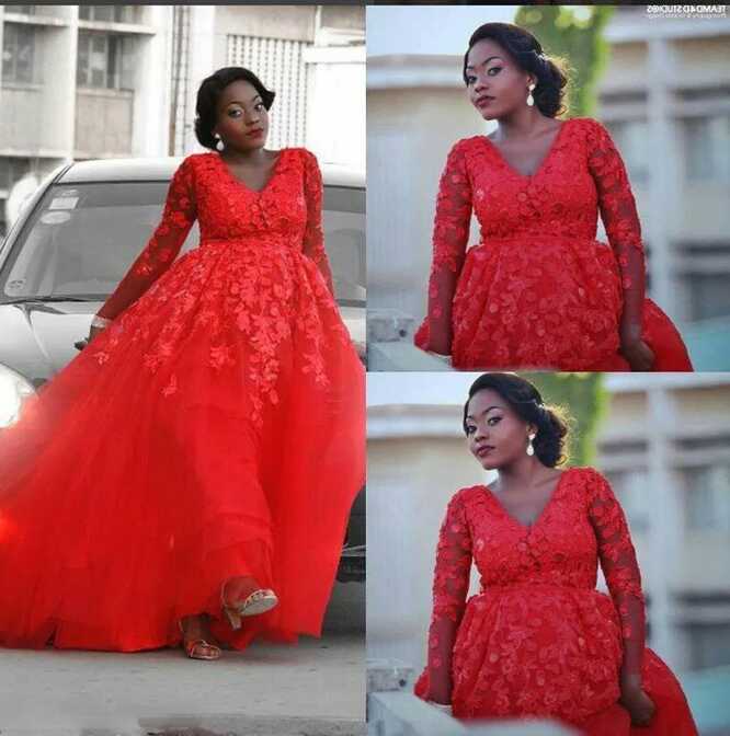 Red Lace Applique Plus Size Wedding Outfits With Long Sleeves And ...