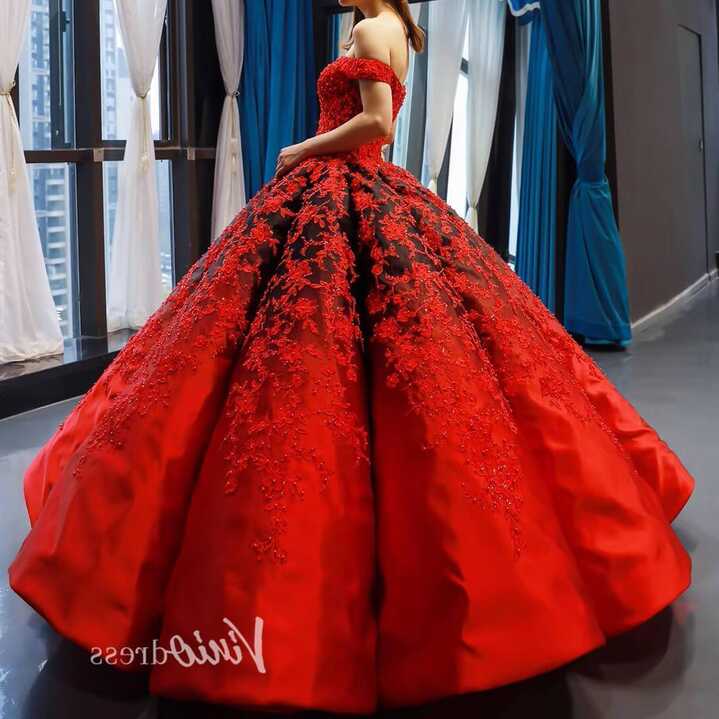 Red Lace Ball Gown Prom Dresses Off the Shoulder Quinceanera Dress ...