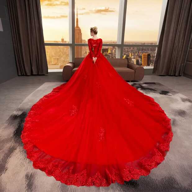 Red Lace Cathedral Train Red Wedding Dress 2022 With V Neck, Long ...