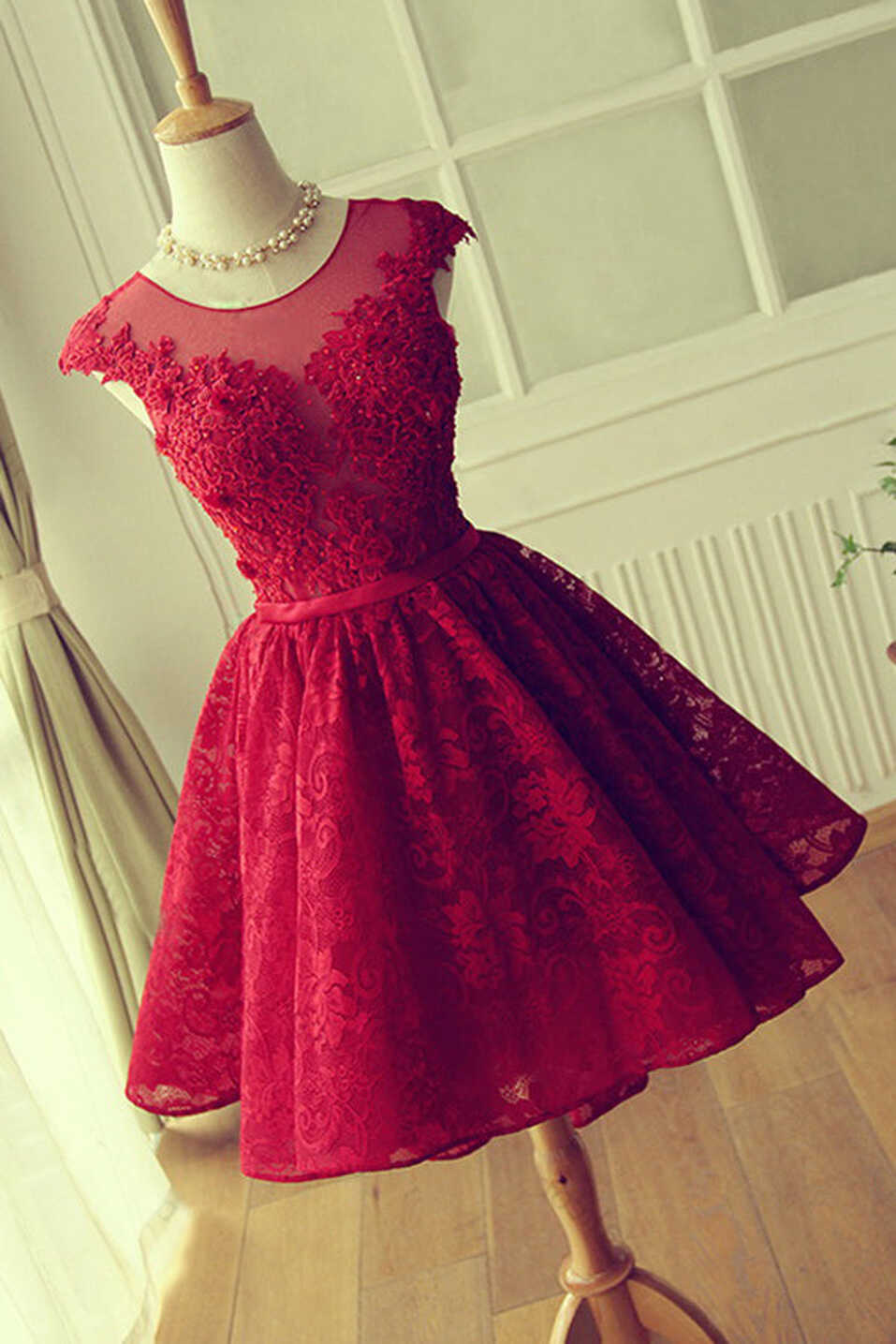 Red Lace Cheap A-line Scoop Homecoming Dresses Short Prom Dresses ...