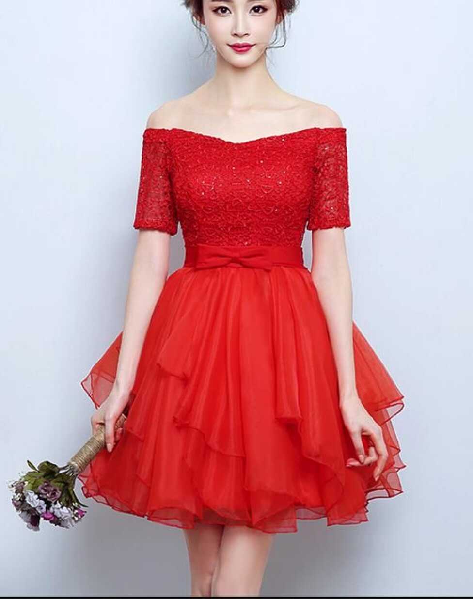 Red Lace Cute Short Party Dress, Red Homecoming Dress, Red Party ...