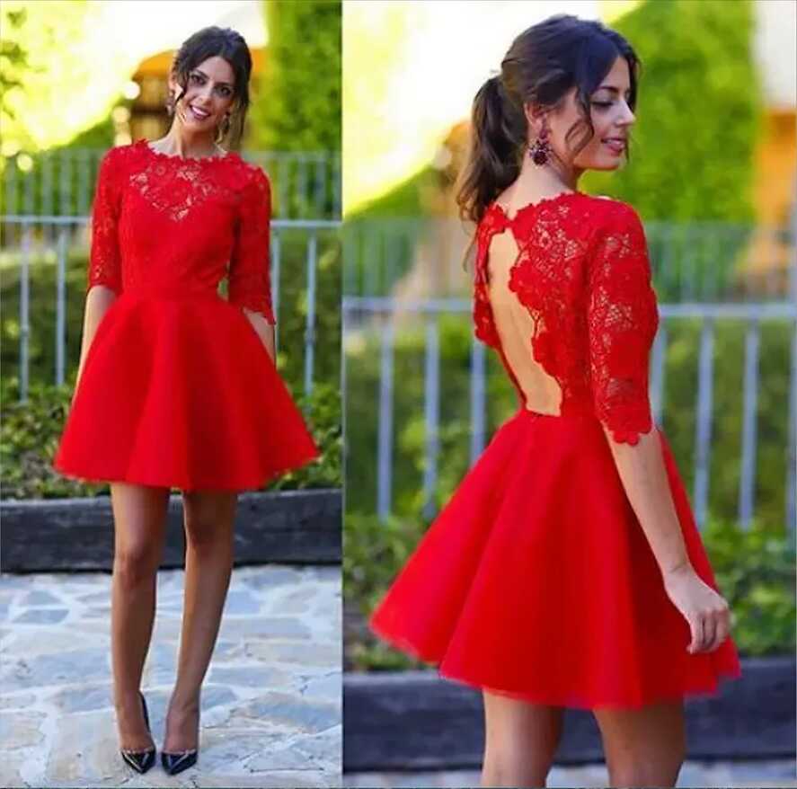 Red Lace Keyhole Short Red Party Dress With Open Back And Illusion ...