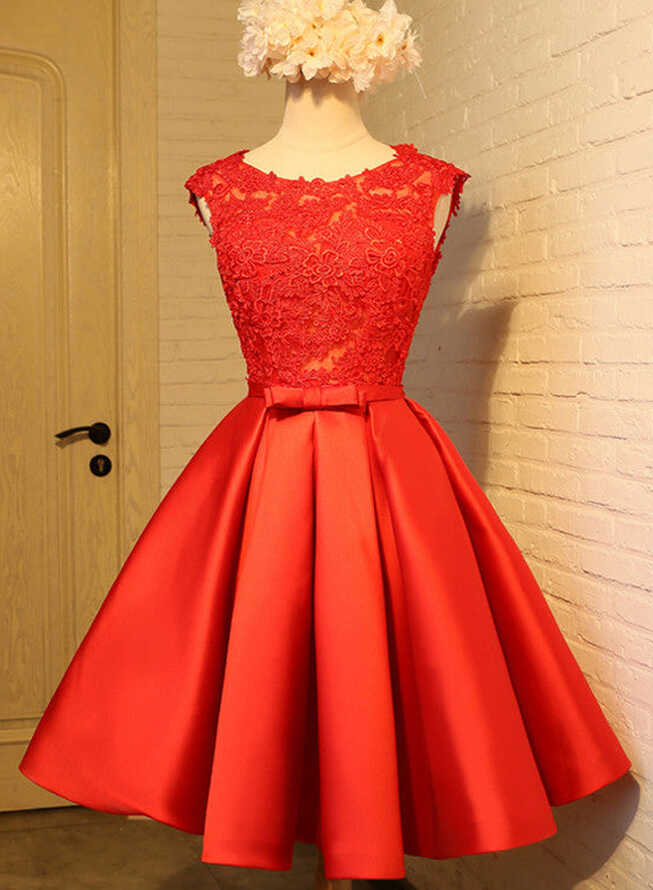 Red Lace Knee Length Party Dress , Cute V Back Formal Dress, Teen ...