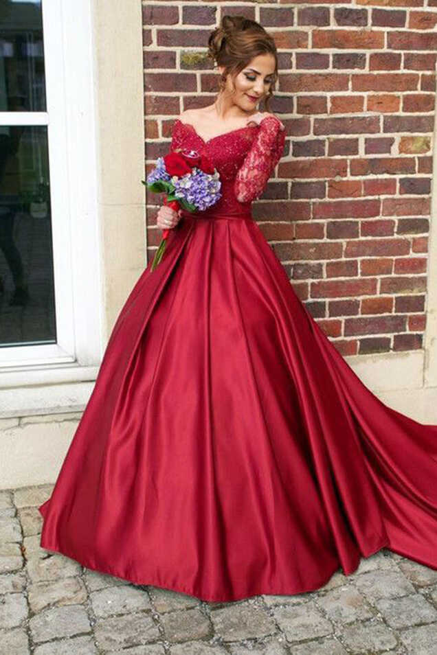 Red Lace Long Sleeves Satin Ball Gowns Prom Dress,Princess Dress ...