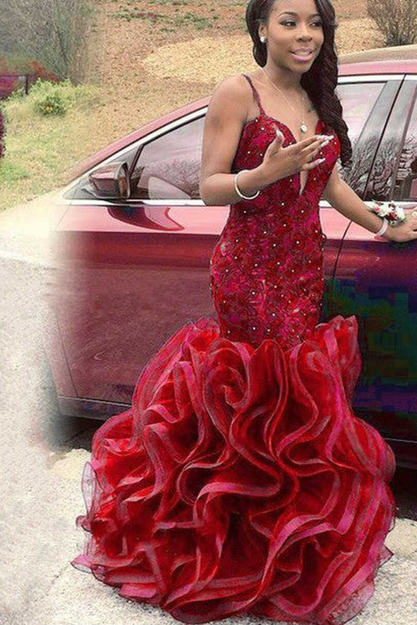 Red Lace Mermaid Style Prom Gown Ruffles Skirt vestido de fiesta ...