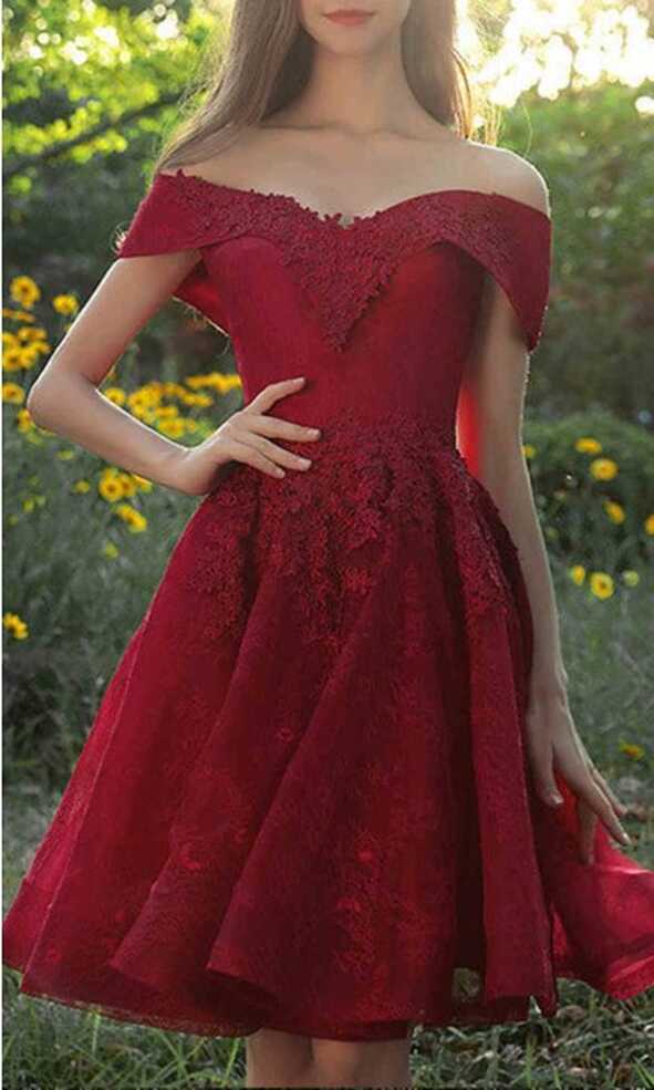 Red Lace Off Shoulder Short Prom Dresses Lace Up Back KSP574