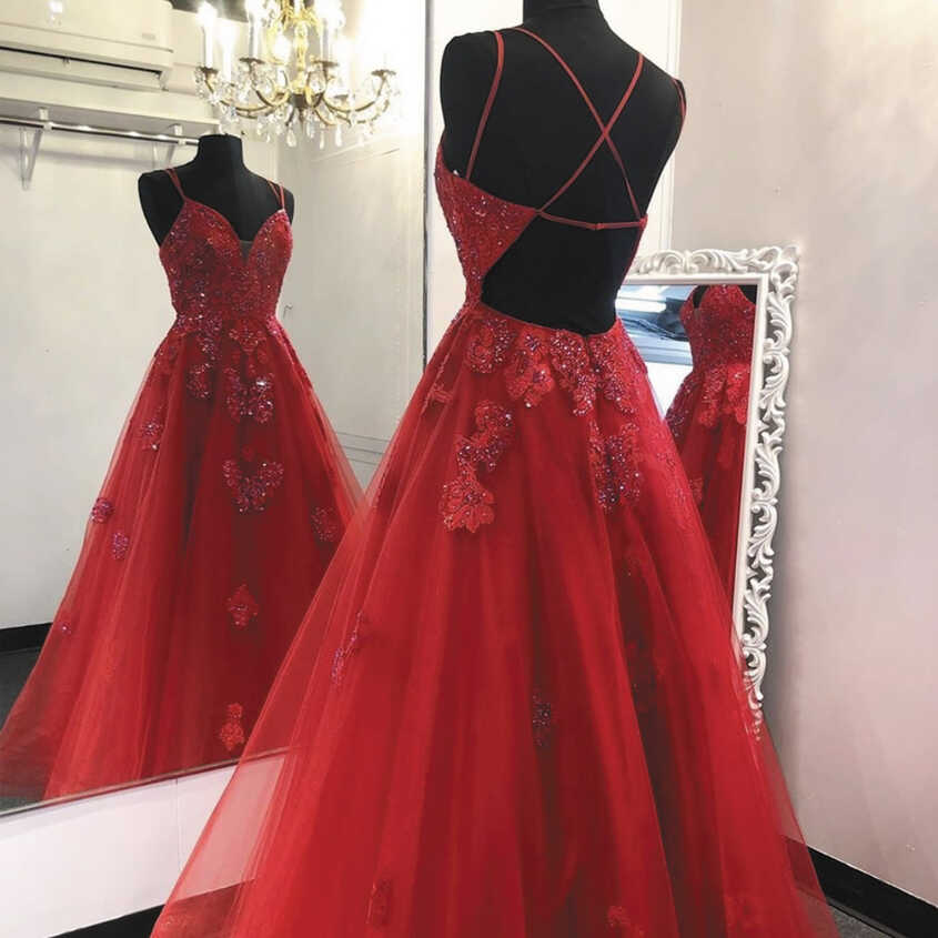 Red Lace Prom Dress, Lace Applique Prom Dresses, Spagehtti Strap ...