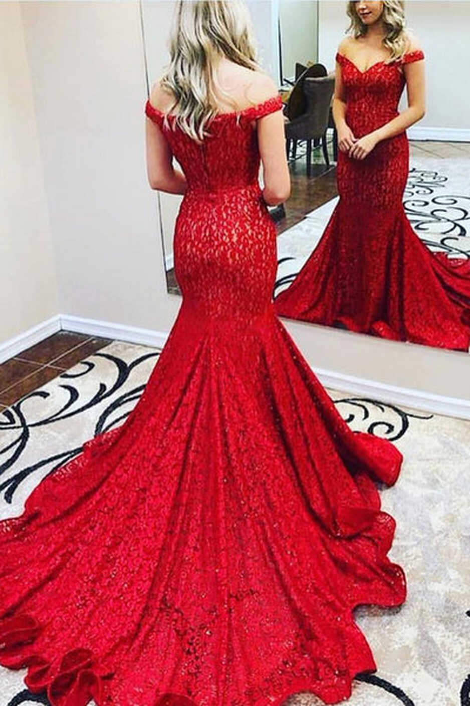 Red Lace Prom Dresses Mermaid Off the Shoulder Long Formal Evening ...