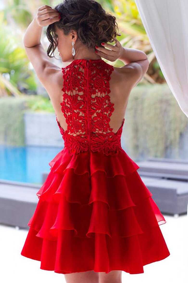 Red Lace Scoop Neck A-line Chiffon Tiered Homecoming Dress, Short ...