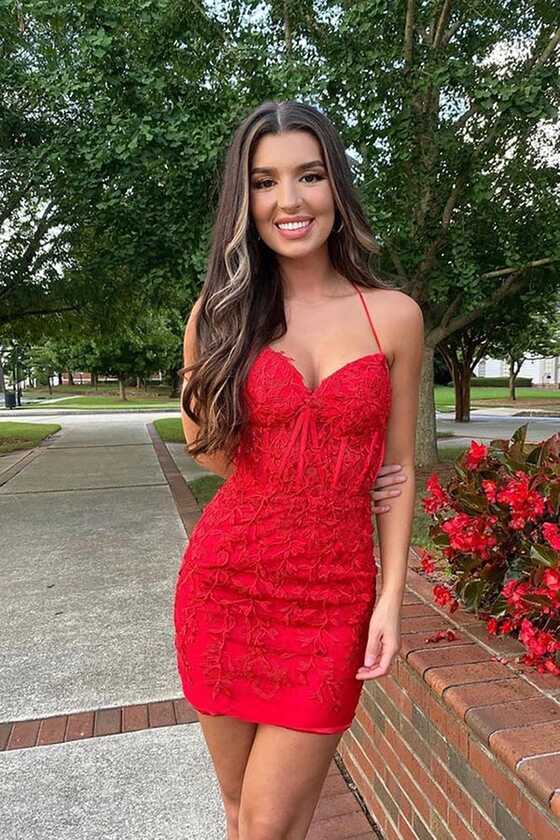 Red Lace Spaghetti Straps Short Homecoming Dresses MH612 | Musebridals