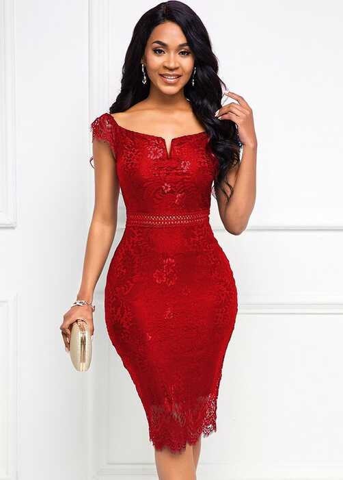 Red Lace Stitching Split Neck Dress | Split neck dress, Lace dress ...