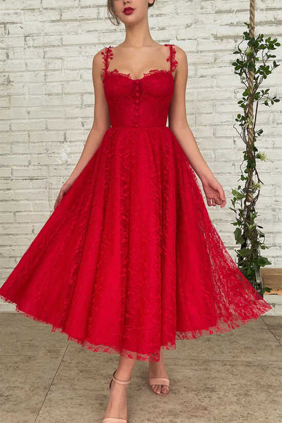 Red Lace Tea Length Prom Dress, Red Lace Homecoming Dress, Short ...