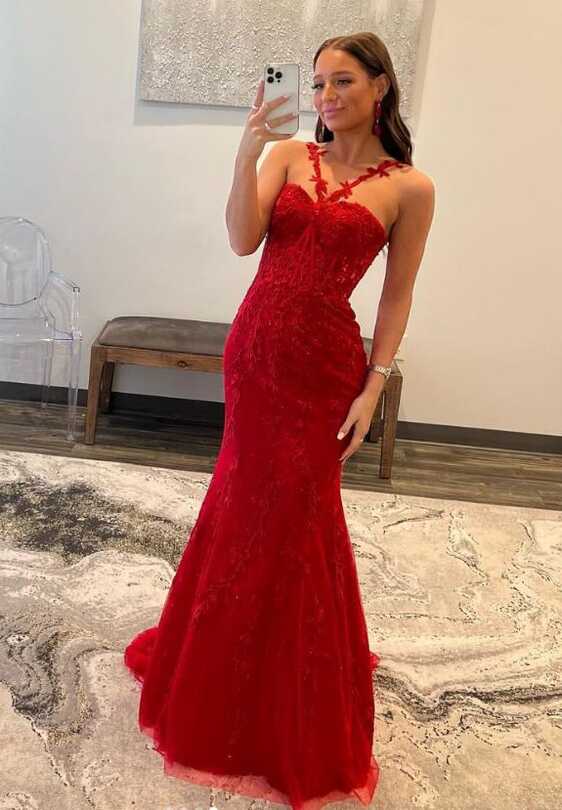 Red Leaf Lace Fitted Long Prom Dresses – DressesTailor