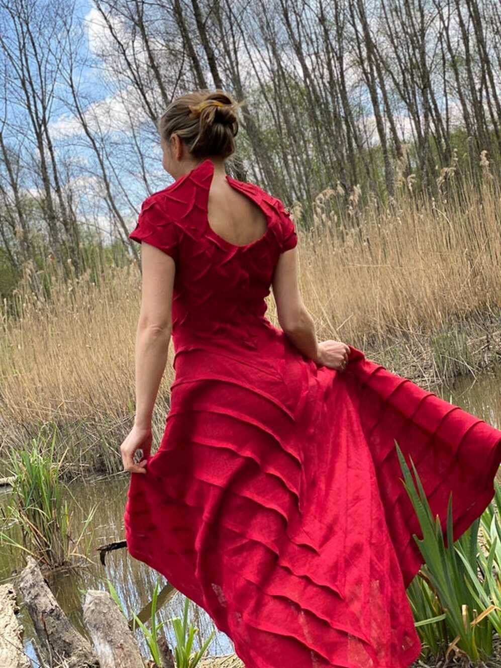 Red Linen Dress / All Red Dress With Sleeves / Cocktail Dress ...