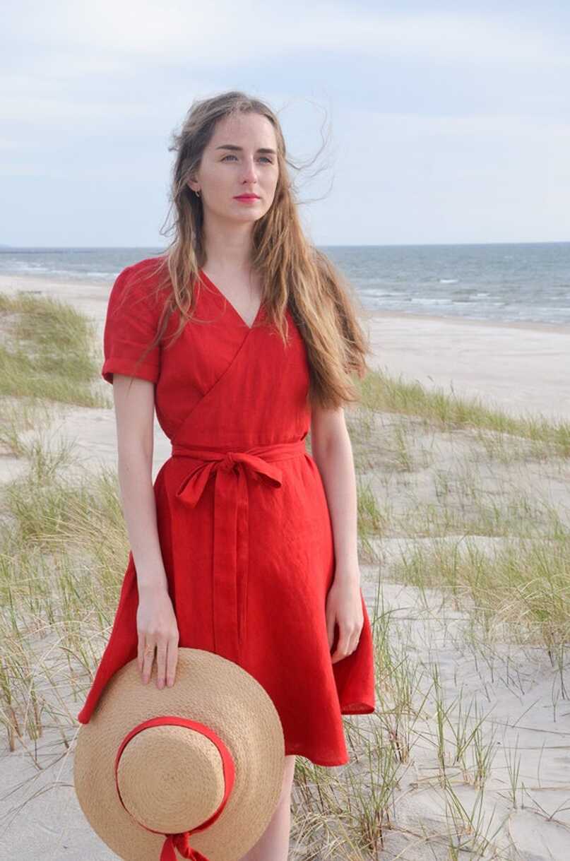 Red Linen Dress, Wrap Linen Dress, Red Wrap Dress, Linen Summer ...