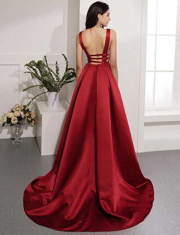 Red Long Prom Dress Deep V Neck Backless Evening Dresses TP0957 ...