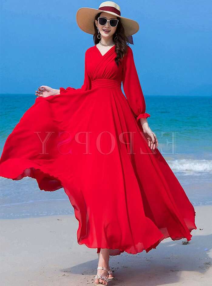 Red Long Sleeve Big Hem Chiffon Beach Maxi Dress