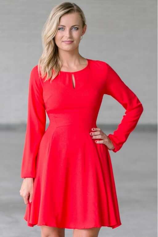 Red Long Sleeve Dress | Cute Red Holiday Dress | Red Party Dress ...