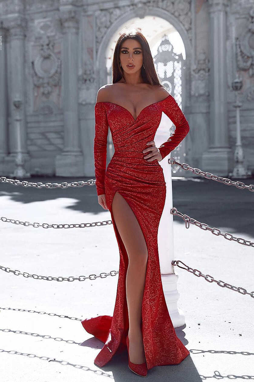 Red Long Sleeve Lace Prom Dress V-Neck With Slit – Ballbella