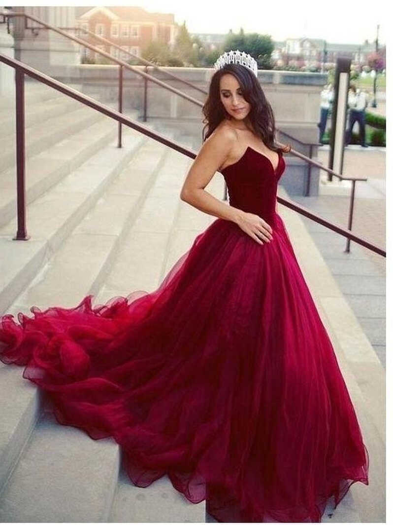 Red Maroon Princess Ball Gown Tulle Wedding Dress Red Prom Dress