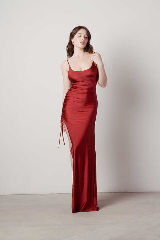 Red Maxi Dress - Bodycon Dress With Slit - Runched Dress