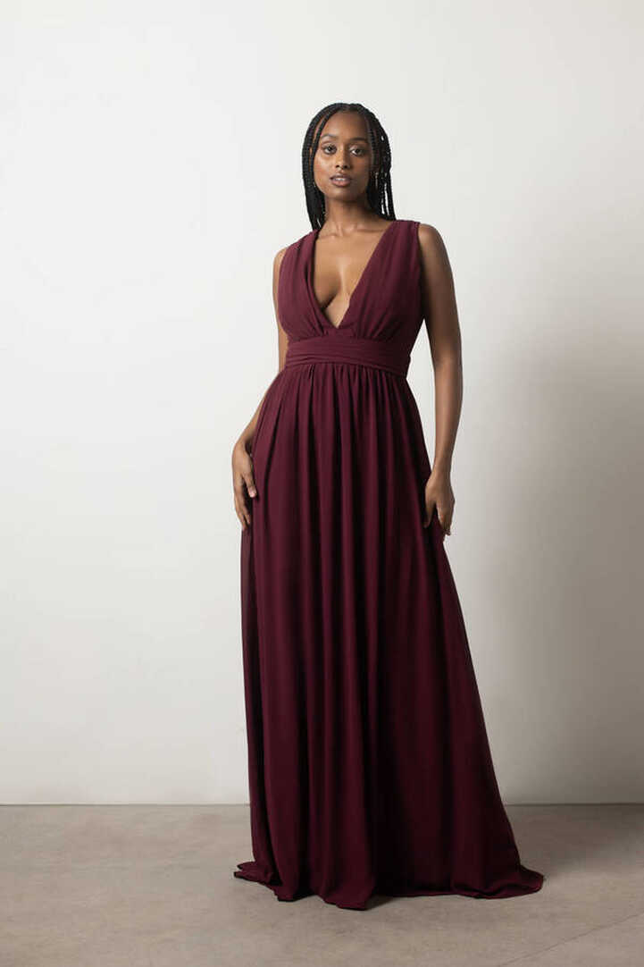 Red Maxi Dress - High Slit Maxi Dress - Burgundy V-Neckline Dress