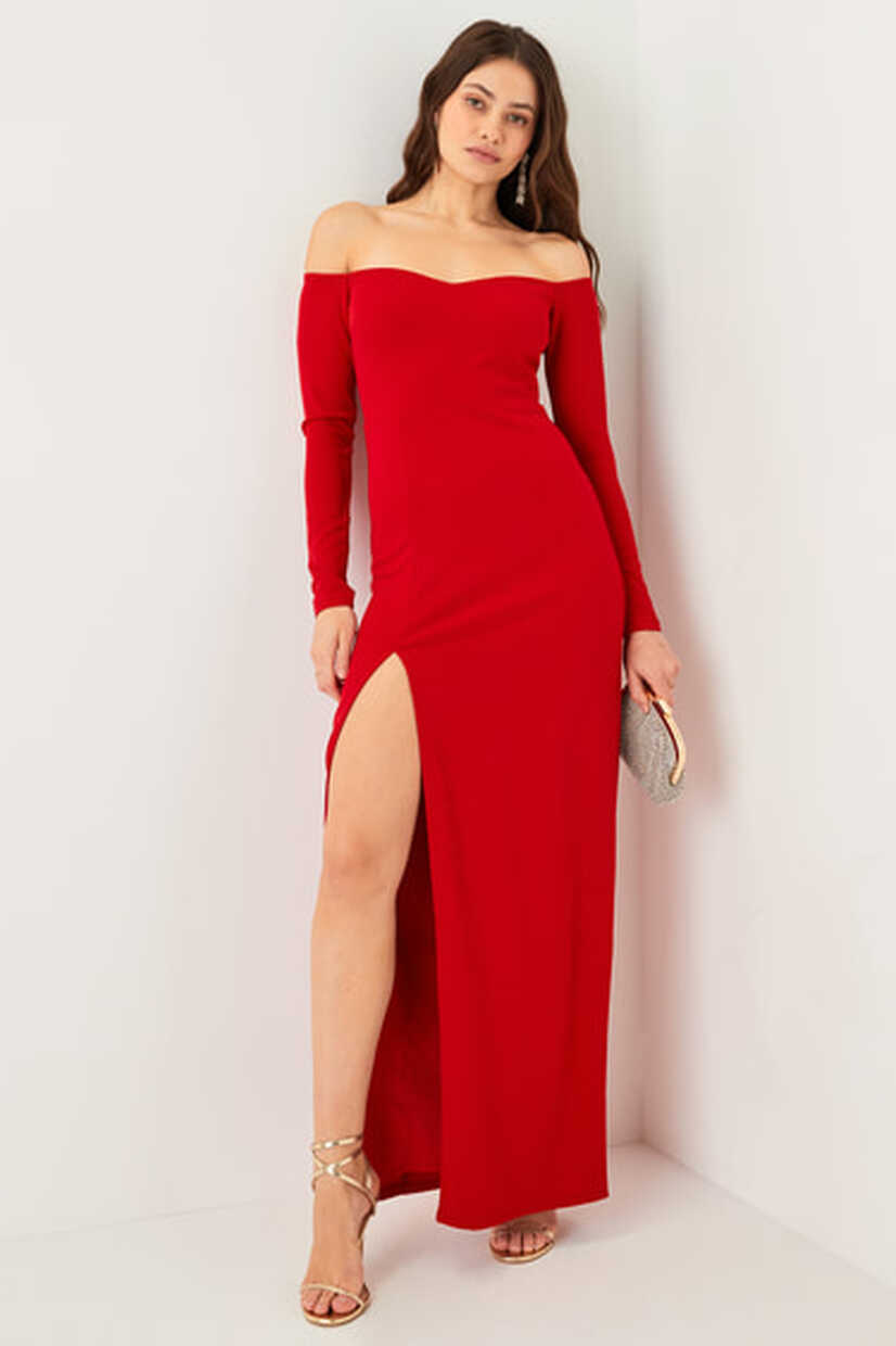 Red Maxi Dress - Off-the-Shoulder Maxi Dress - Long Sleeve Dress ...