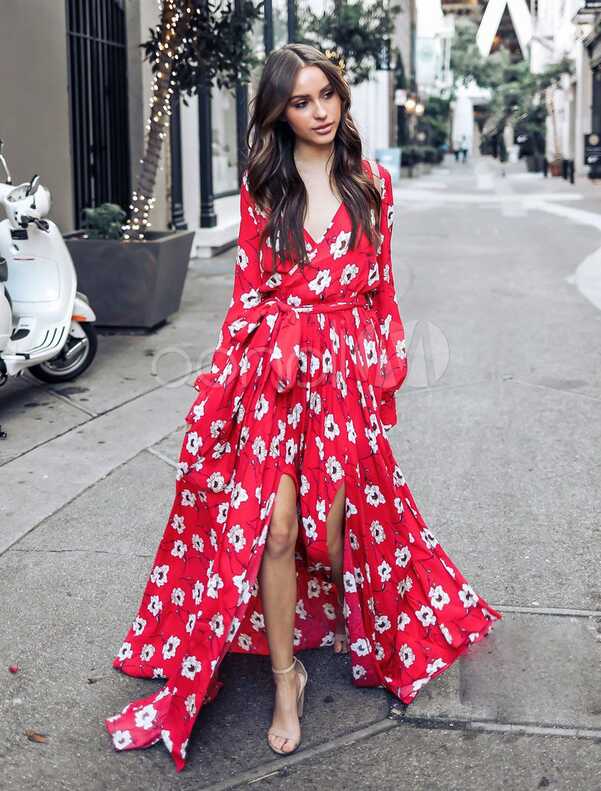 Red Maxi Dress Women Floral Tea Dress V Neck Long Sleeve Chiffon ...