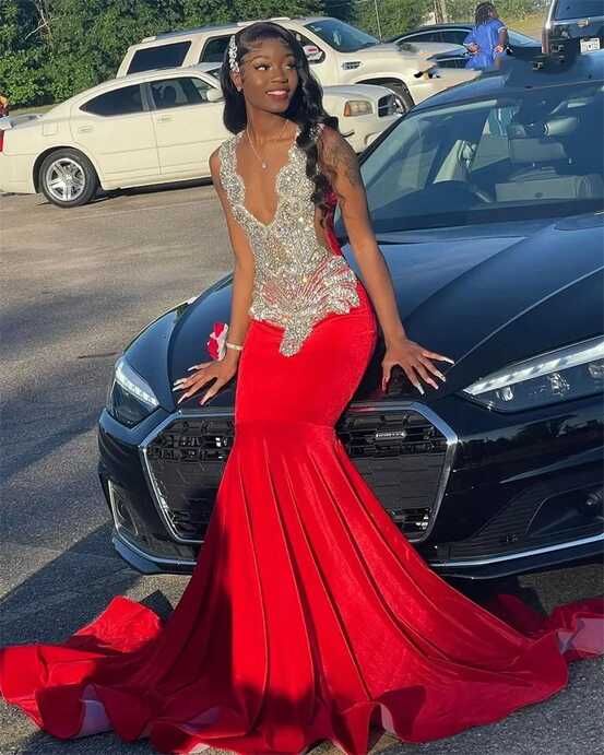 Red Mermaid Prom Dress 2023 With Sheer Neck, Sparkling Crystal ...