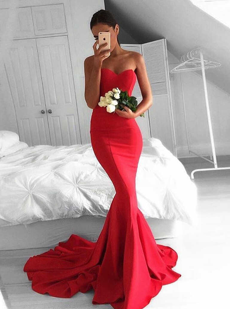 Red Mermaid Prom Dress,Fitted Prom Dress with Train, Modest Prom ...