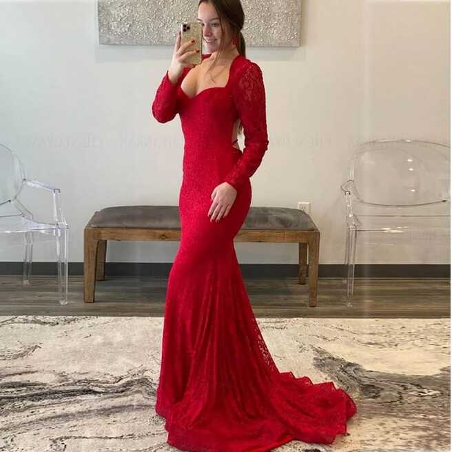 Red Mermaid Prom Dresses 2023 Women Sweetheart Long Sleeves Sexy ...