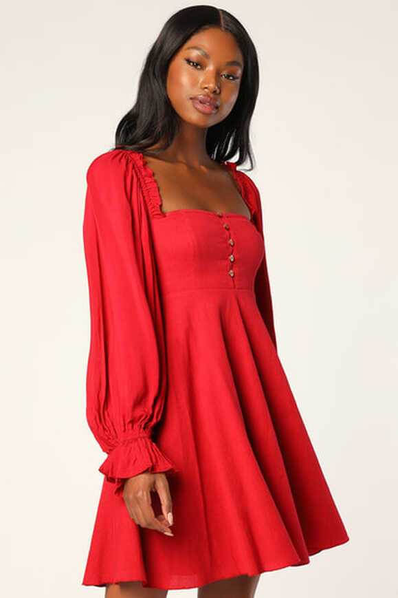 Red Mini Dress - Button-Up Dress - Long Sleeve Mini Dress - Lulus